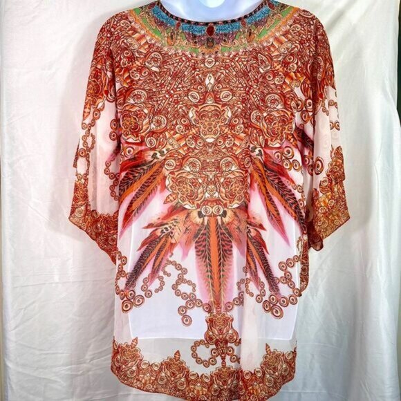 White Mark Sheer Colorful Tribal Print Lace up Swim Cover-up Kaftan One Size - Picture 5 of 8